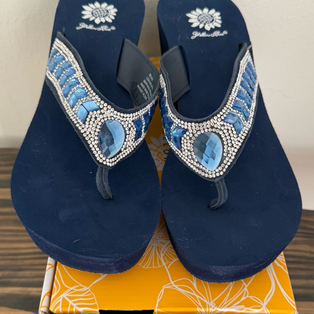 Yellow Box Navy Sandals with Blue Rhinestones